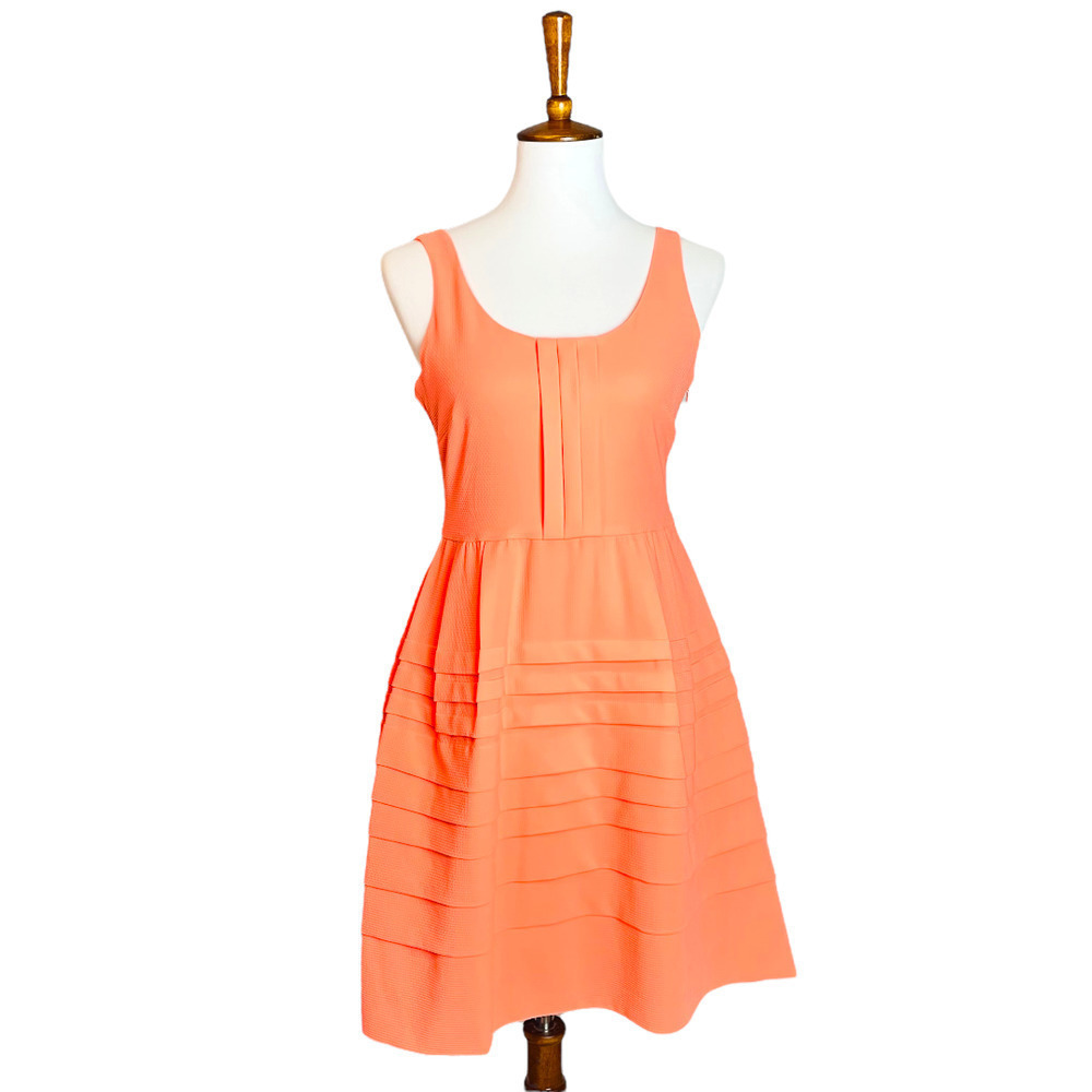 Jessica Simpson Bright Coral Shutter Pleat Fit and Flare Dress Womenโs Size 2